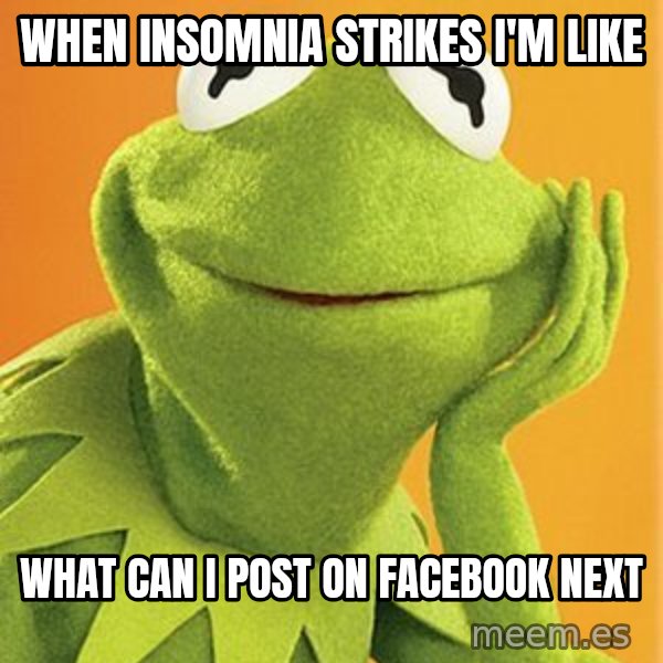Kermit the frog meme: When insomnia strikes I'm like / What can I post on facebook next