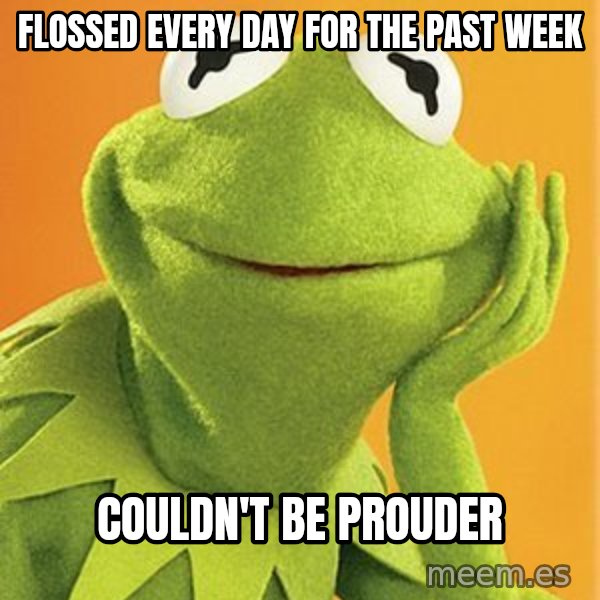 Kermit the frog meme: flossed every day for the past week / couldn't be prouder