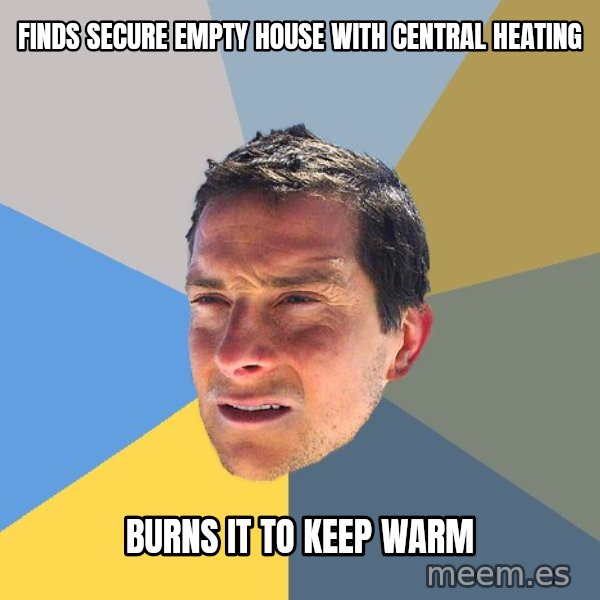 Bear Grylls meme: finds secure empty house with central heating / burns it to keep warm
