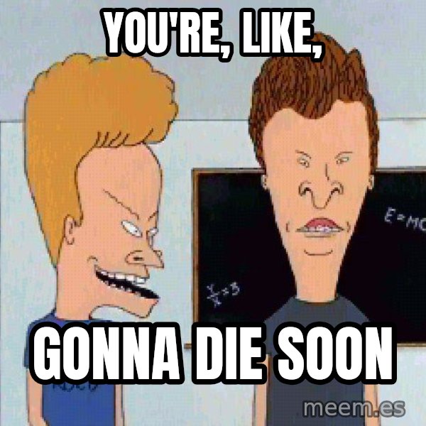 Beavis and butthead meme: YOU'RE, LIKE, / GONNA DIE SOON