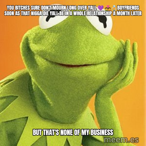 Kermit the frog meme: YOU BITCHES SURE DON'T MOURN LONG OVER YALL 💜 💑💍BOYFRIENDS SOON AS THAT NIGGA DIE YALL BE IN A WHOLE RELATIONSHIP A MONTH LATER / BUT THAT'S NONE OF MY BUSINESS