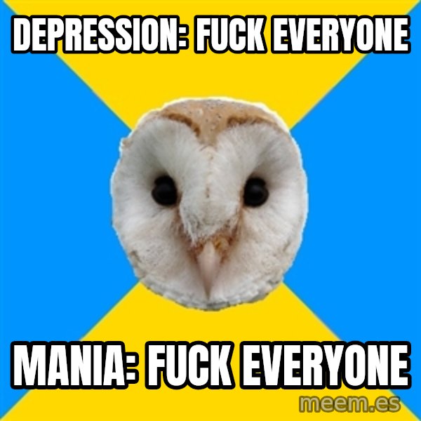 Bipolar Owl meme: Depression: Fuck Everyone / Mania: Fuck everyone