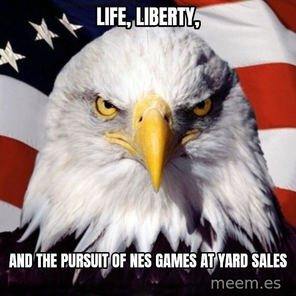 American Pride Eagle meme: LIFE, LIBERTY, / AND THE PURSUIT OF NES GAMES AT YARD SALES