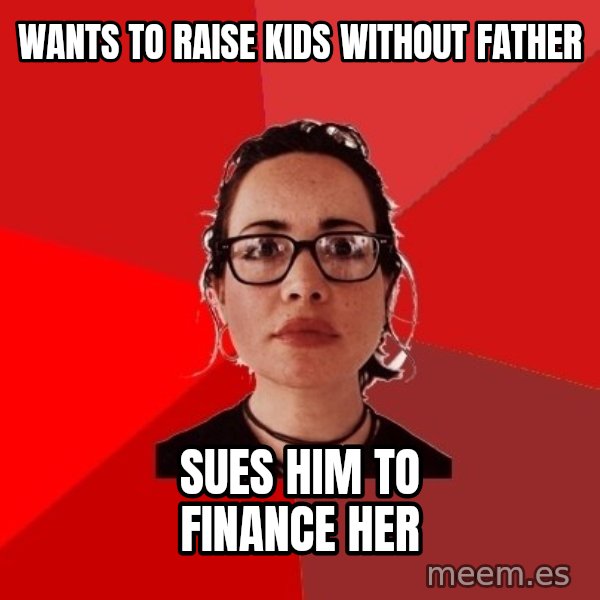 Liberal Douche Garofalo meme: wants to raise kids without father / sues him to finance her
