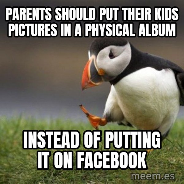 Unpopular Opinion Puffin meme: Parents should put their kids pictures in a physical album / Instead of putting it on facebook