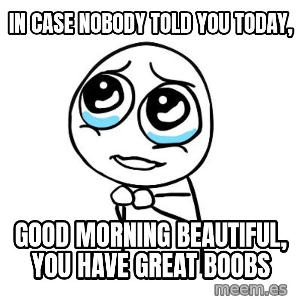 pleaseguy  meme: In case nobody told you today, / Good morning beautiful, you have great boobs