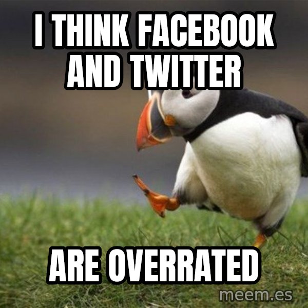 Unpopular Opinion Puffin meme: I think facebook and twitter / are overrated