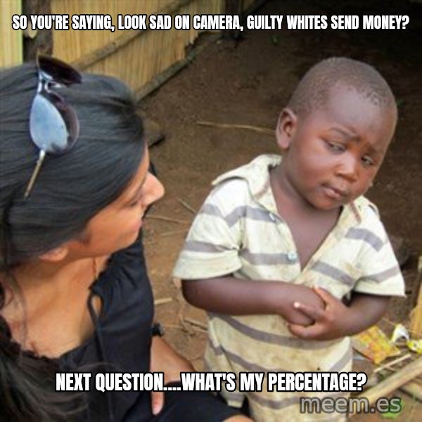 Skeptical 3rd World Kid meme: so you're saying, look sad on camera, guilty Whites send money? / Next question....what's my percentage?