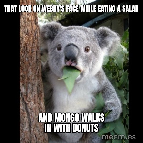 Koala can't believe it meme: That look on Webby's face while eating a salad / and Mongo walks in with donuts