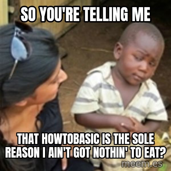 Skeptical african kid  meme: so you're telling me / that howtobasic is the sole reason I ain't got nothin' to eat?