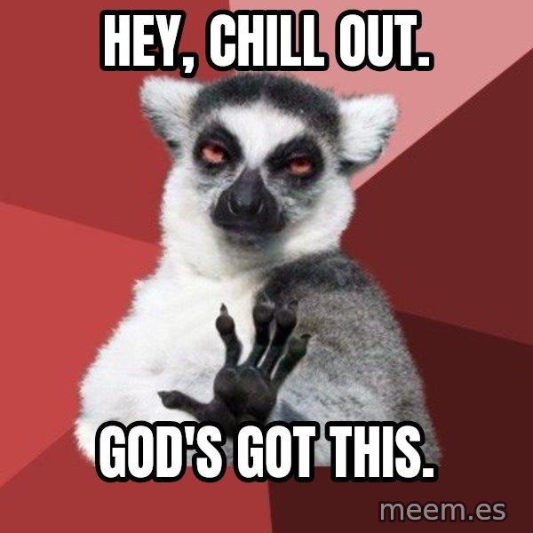 Chill Out Lemur meme: Hey, Chill out. / God's got this.