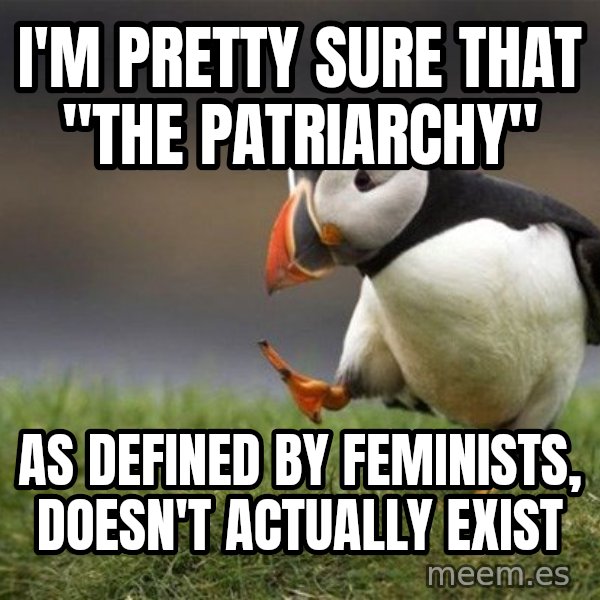 Unpopular Opinion Puffin meme: I'm pretty sure that "The Patriarchy" / as defined by feminists, doesn't actually exist