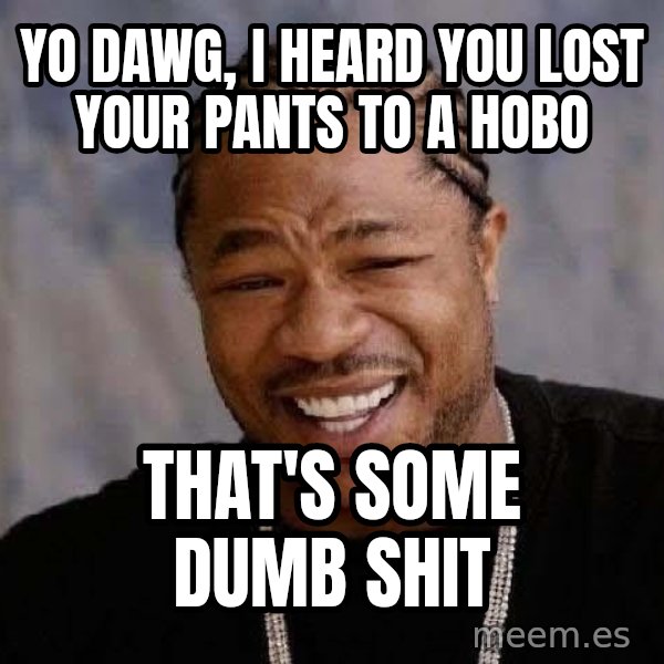 Yo Dawg meme: Yo dawg, I heard you lost your pants to a hobo / That's some dumb shit