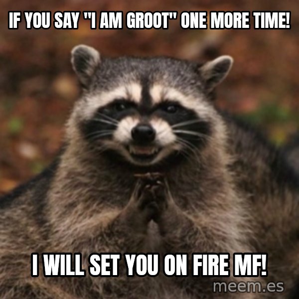 evil raccoon meme: If you say "I am groot" one more time! / I will set you on fire MF!