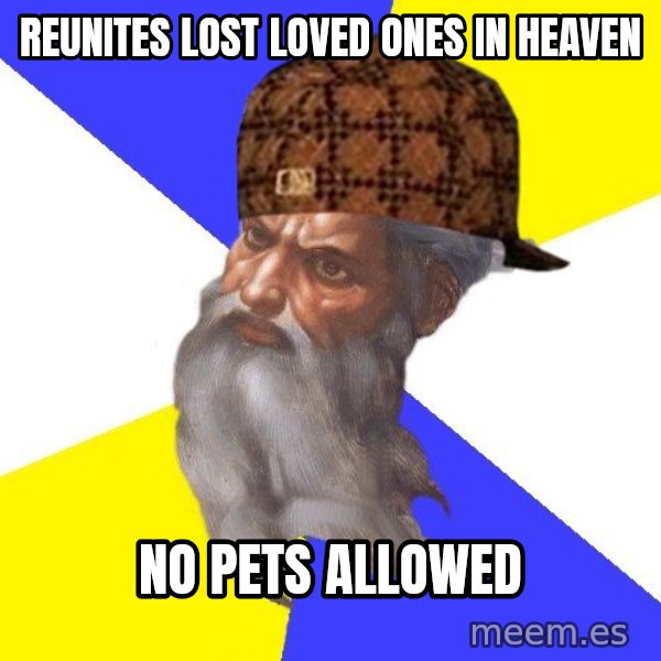 Scumbag God meme: Reunites lost loved ones in heaven / No pets allowed