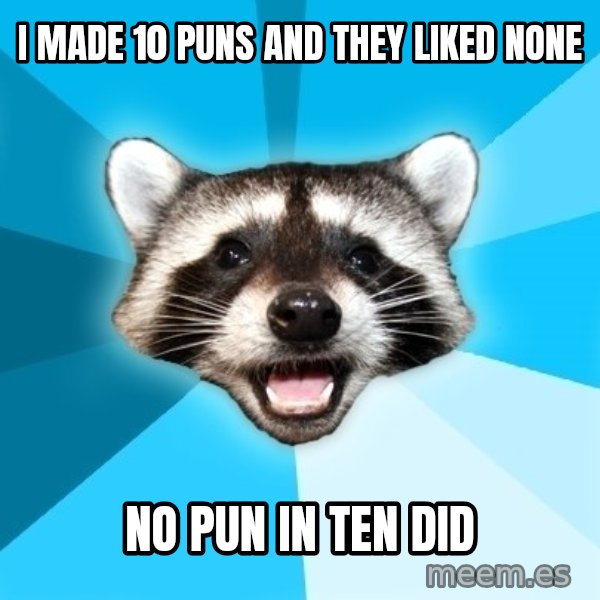 Lame Pun Coon meme: i made 10 puns and they liked none / no pun in ten did