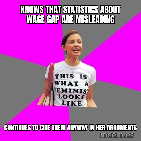 Feminist Cunt meme: Knows that statistics about wage gap are misleading / Continues to cite them anyway in her arguments
