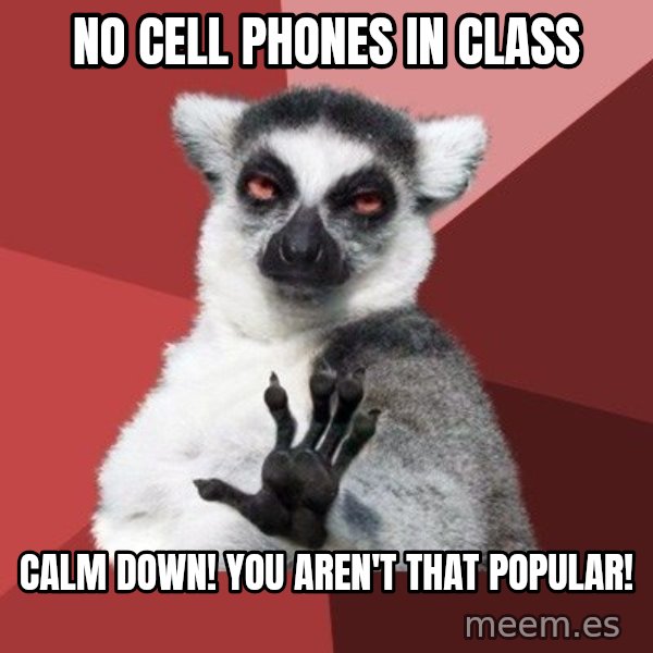 Chill Out Lemur meme: no cell phones in class / calm down! you aren't that popular!