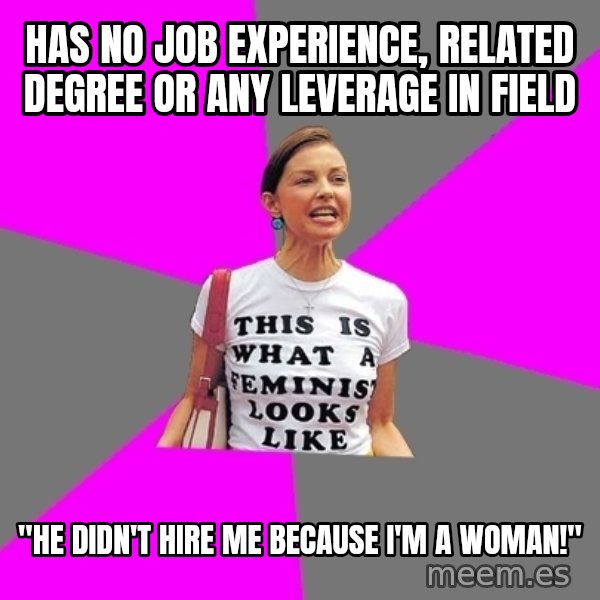 Feminist Cunt meme: Has no job experience, related degree or any leverage in field / "He didn't hire me because I'm a woman!"