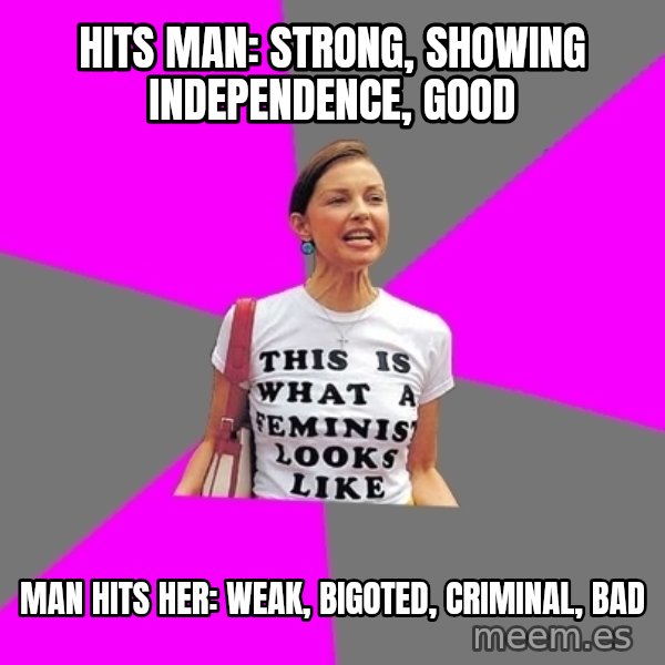 Feminist Cunt meme: Hits man: Strong, showing independence, good / man hits her: Weak, bigoted, criminal, bad