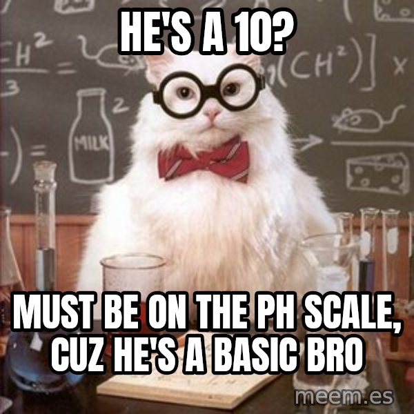 Chemistry Cat meme: He's a 10? / must be on the ph scale, cuz he's a basic bro