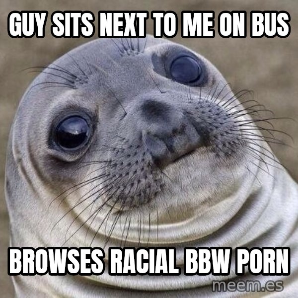 Awkward Seal meme: Guy sits next to me on bus / Browses racial BBW porn