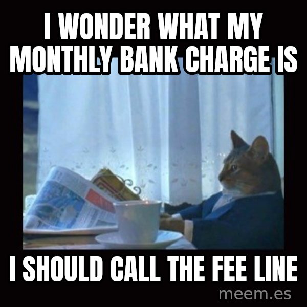i should buy a boat cat meme: I WONDER WHAT MY MONTHLY BANK CHARGE IS / i SHOULD CALL THE FEE LINE