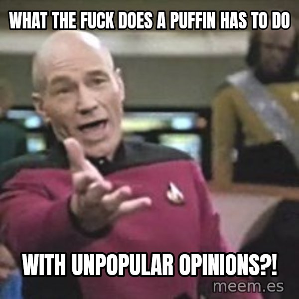 Captain Picard meme: what the fuck does a puffin has to do / with unpopular opinions?!