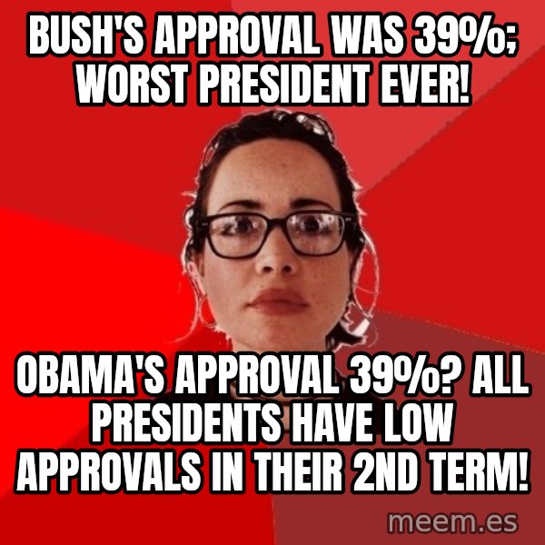 Liberal Douche Garofalo meme: bush's approval was 39%; worst president ever! / obama's approval 39%? all presidents have low approvals in their 2nd term!
