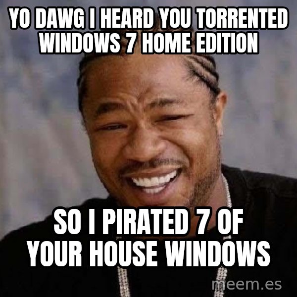 Yo Dawg meme: Yo dawg I heard you torrented windows 7 home edition / So I pirated 7 of your house windows