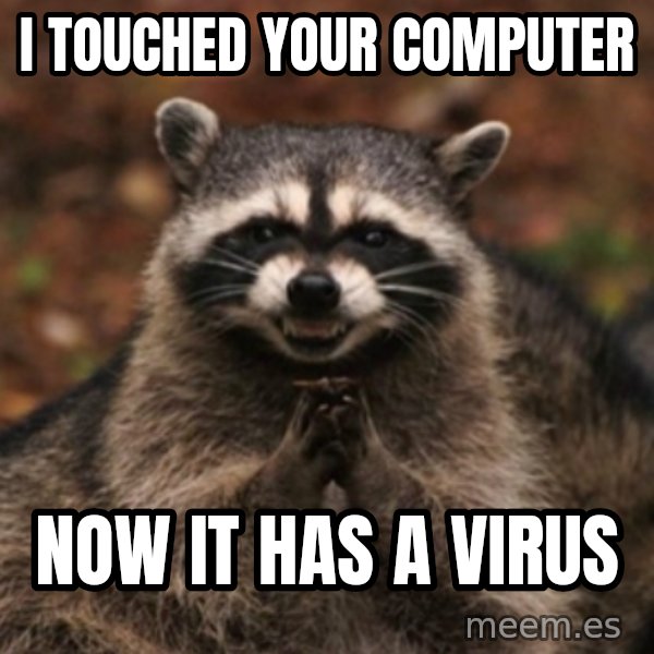 evil raccoon meme: i touched your computer / now it has a virus