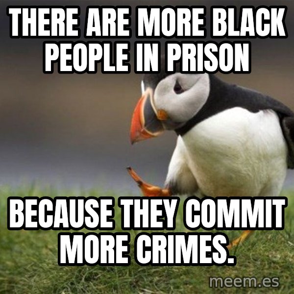 Unpopular Opinion Puffin meme: There are more black people in prison / because they commit more crimes.
