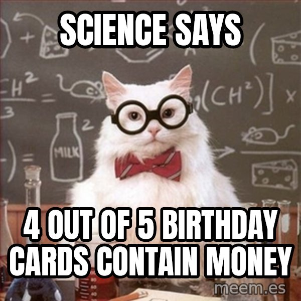 Science Cat meme: Science says / 4 out of 5 birthday cards contain money