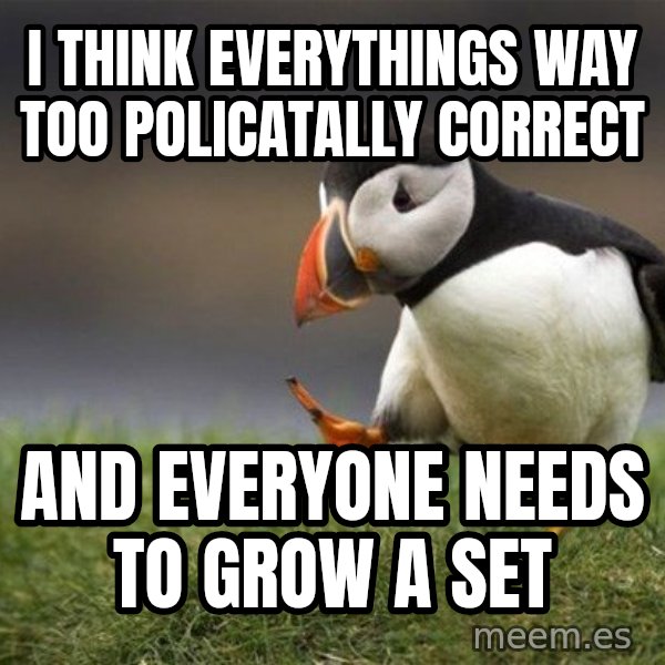 Unpopular Opinion Puffin meme: I think everythings way too policatally correct / and everyone needs to grow a set