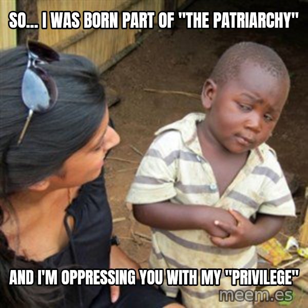 Skeptical 3rd World Kid meme: So... I was born part of  "the patriarchy" / And I'm oppressing you with my "privilege"