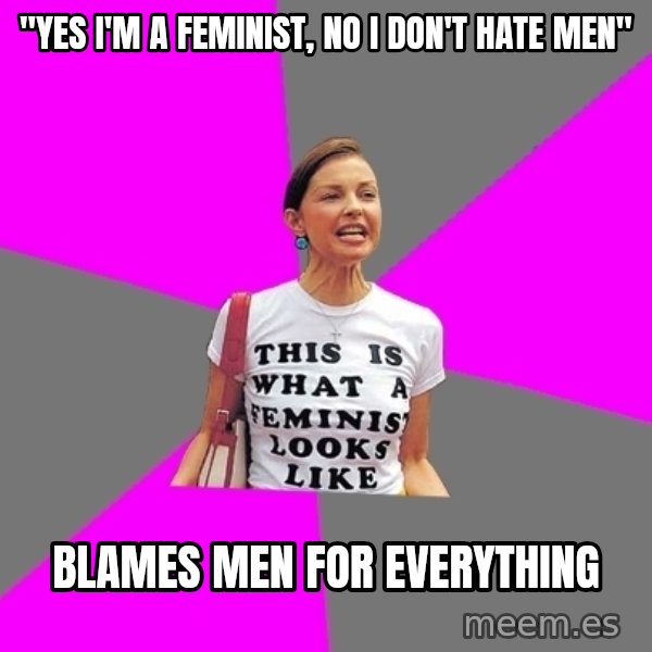 Feminist Cunt meme: "yes i'm a feminist, no i don't hate men" / blames men for everything