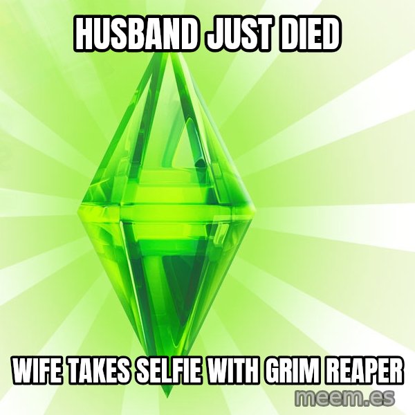 Sims meme: Husband just died / wife takes selfie with Grim Reaper
