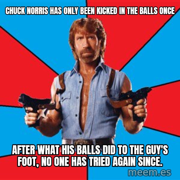 Chuck Norris  meme: chuck norris has only been kicked in the balls once / after what his balls did to the guy's foot, no one has tried again since.