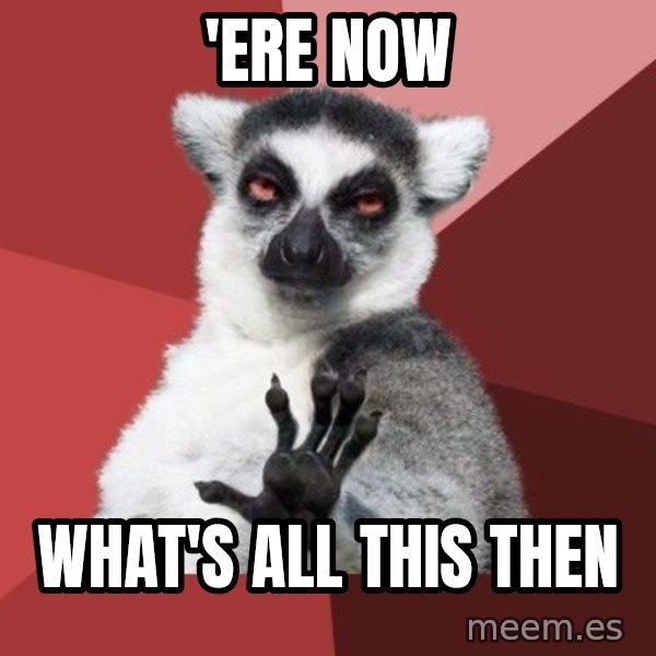 Chill Out Lemur meme: 'ere now / what's all this then