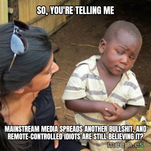 Skeptical 3rd World Kid meme: so, you're telling me / mainstream media spreads another bullshit, and remote-controlled idiots are still believing it?