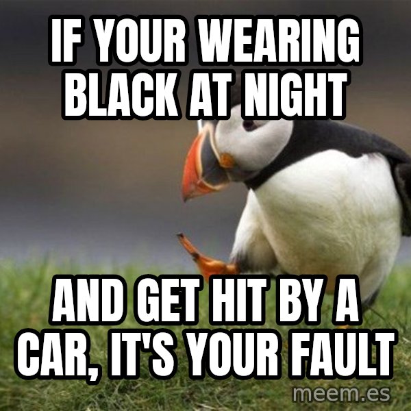 Unpopular Opinion Puffin meme: If your wearing black at night / And get hit by a car, it's your fault