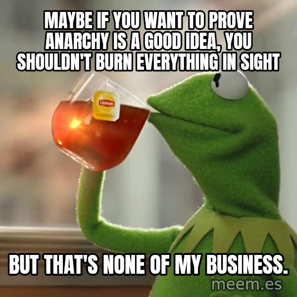 Kermit The Frog Drinking Tea meme: maybe if you want to prove anarchy is a good idea, you shouldn't burn everything in sight / but that's none of my business.