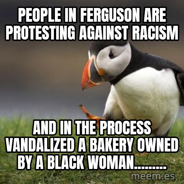 Unpopular Opinion Puffin meme: People in Ferguson are protesting against racism / and in the process vandalized a bakery owned by a black woman.........