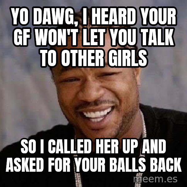 Yo Dawg meme: Yo dawg, I heard your gf won't let you talk to other girls / So I called her up and asked for your balls back
