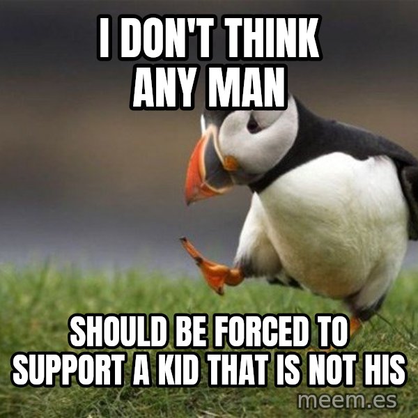 Unpopular Opinion Puffin meme: i don't think any man / should be forced  to support a kid that is not his