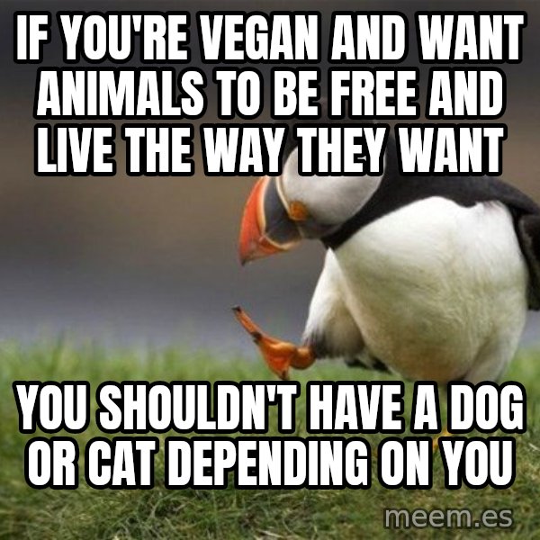 Unpopular Opinion Puffin meme: if you're vegan and want animals to be free and live the way they want / you shouldn't have a dog or cat depending on you