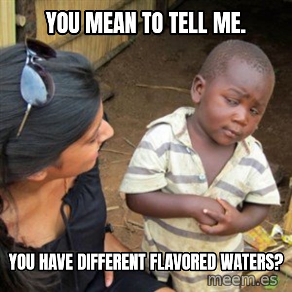 Skeptical 3rd World Kid meme: You mean to tell me. / You have different flavored waters?