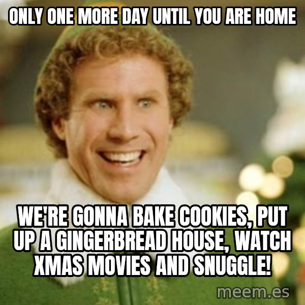 Buddy the Elf meme: Only one more day until you are home / We're gonna bake cookies, put up a gingerbread house, watch Xmas movies and snuggle!