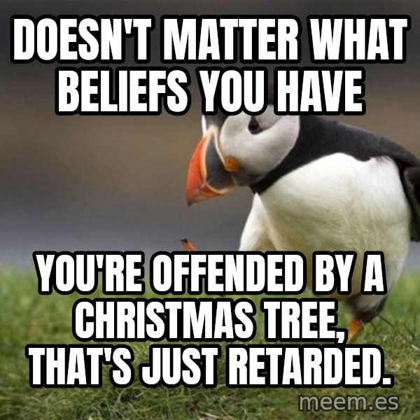 Unpopular Opinion Puffin meme: doesn't matter what beliefs you have / you're offended by a christmas tree, that's just retarded.