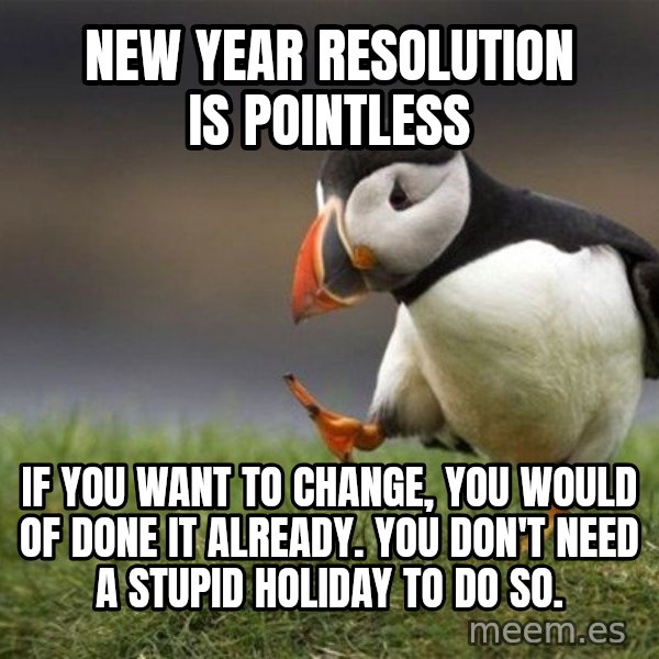 Unpopular Opinion Puffin meme: new year resolution is pointless / if you want to change, you would of done it already. you don't need a stupid holiday to do so.